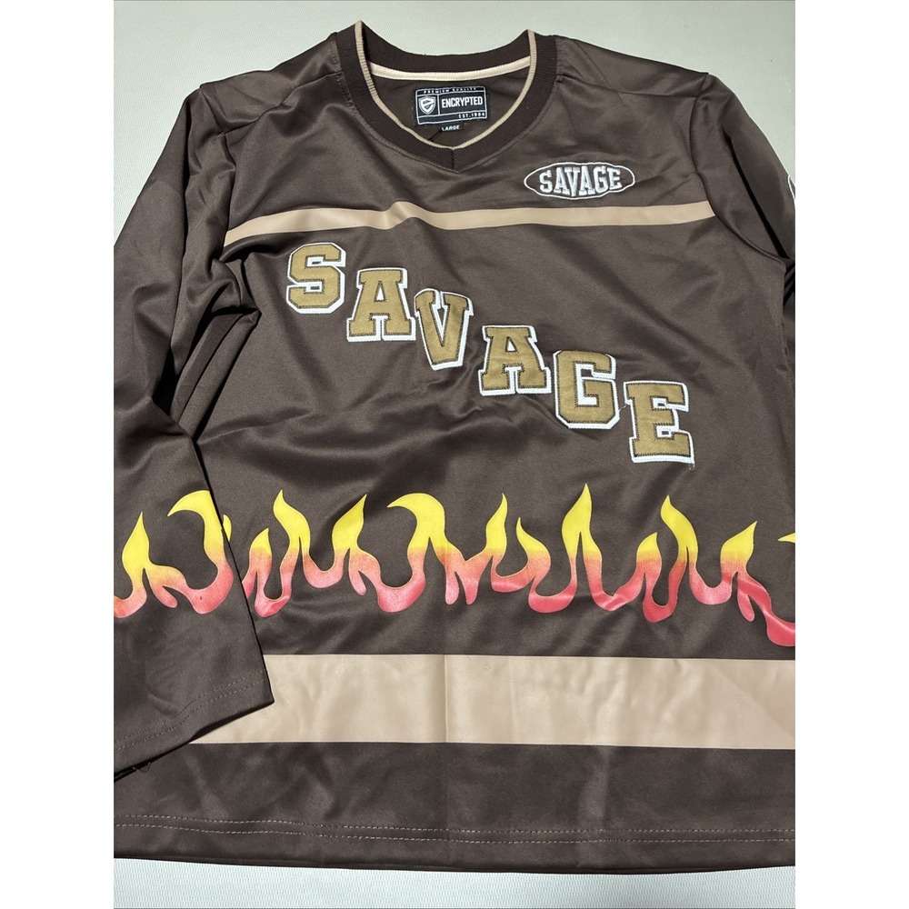Encrypted Jersey Shirt Men's Size L Brown Savage Embroidered Flames Y2k Hockey